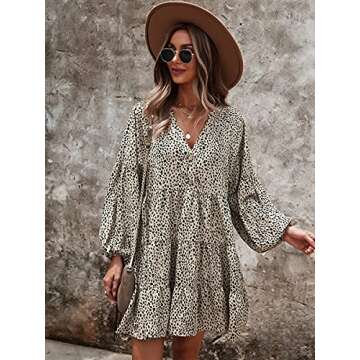 MOPOOGOSS Womens Casual Dress Summer Fashion Autumn Leopard Print Elegant Flare Puff Sleeve High Waist Cute Vacation Tunic Swing Beach Mini Dresses for Women 2021 Khaki Medium