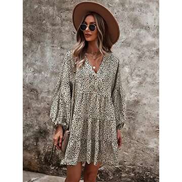MOPOOGOSS Womens Casual Dress Summer Fashion Autumn Leopard Print Elegant Flare Puff Sleeve High Waist Cute Vacation Tunic Swing Beach Mini Dresses for Women 2021 Khaki Medium