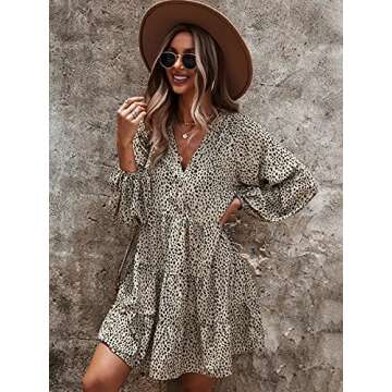 MOPOOGOSS Womens Casual Dress Summer Fashion Autumn Leopard Print Elegant Flare Puff Sleeve High Waist Cute Vacation Tunic Swing Beach Mini Dresses for Women 2021 Khaki Medium