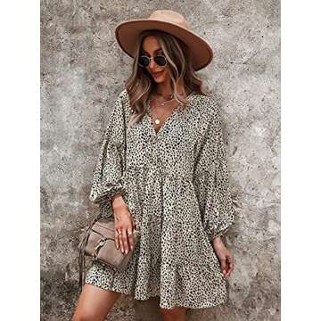MOPOOGOSS Womens Casual Dress Summer Fashion Autumn Leopard Print Elegant Flare Puff Sleeve High Waist Cute Vacation Tunic Swing Beach Mini Dresses for Women 2021 Khaki Medium