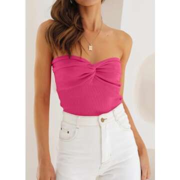 EFAN Womens Tube Tops Summer Sweater Twist Knot Front Knit Bandeau Strapless Ribbed Sleeveless Y2K Corset Crop Top Hot Pink S