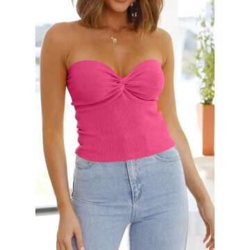 EFAN Womens Tube Tops Summer Sweater Twist Knot Front Knit Bandeau Strapless Ribbed Sleeveless Y2K Corset Crop Top Hot Pink S