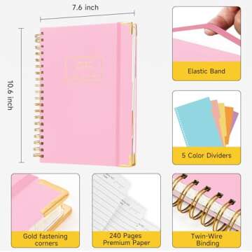 Huhuhero 5 Subject Notebook with Dividers, 240 Pages Pink Spiral Journal College Ruled, B5 Aesthetic...