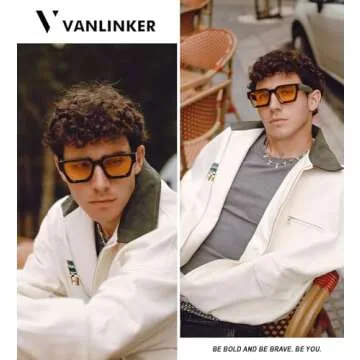 VANLINKER Vintage Thick Square Sunglasses for Men Women Retro Chunky Rectangle Trendy Shades VL9731 Black Frame/Yellow Orange Lense