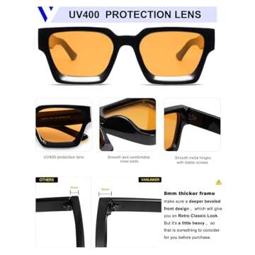 VANLINKER Vintage Thick Square Sunglasses for Men Women Retro Chunky Rectangle Trendy Shades VL9731 Black Frame/Yellow Orange Lense