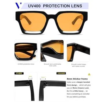 VANLINKER Vintage Thick Square Sunglasses for Men Women Retro Chunky Rectangle Trendy Shades VL9731 Black Frame/Yellow Orange Lense