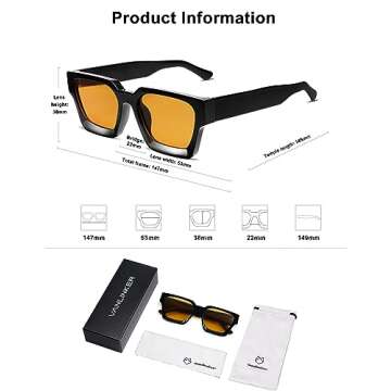 VANLINKER Vintage Thick Square Sunglasses for Men Women Retro Chunky Rectangle Trendy Shades VL9731 Black Frame/Yellow Orange Lense