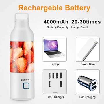 Portable Blender, [Updated 2020 Version] Bariicare Smoothie Blender with 4 Blades, 20 oz Travel Fruit Mixer Machine, 4000 mAh USB Rechargeable Ice Blender Mixer for Home, Office, Sports, Outdoors