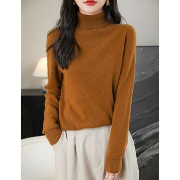 Chanyarn Women's Cashmere Long Sleeve Sweater 2024 Fall Winter Seamless Knit Turtleneck Pullover Warm Soft 100% Merino Wool Sweater (Caramel,L)