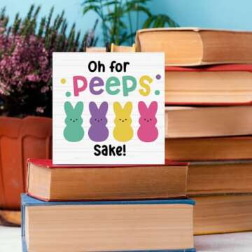 HTBIG Funny Easter Bunny Decor Desk Decor Wooden Box Sign Easter Decorations Easter Gift Wood Block Plaque Box Sign for Home Farmhouse Kitchen Bathroom Shelf Table Decoration Oh for Peeps Shake Sign