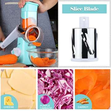 Ourokhome Rotary Cheese Grater Hand Crank, Kitchen Shredder Speed Mandolin Slicer Nut Grinder with Handle and Drum Blades for Cheese, Vegetable, Walnut, Chocolate, Potato, Carrot, 3 Blades, Blue