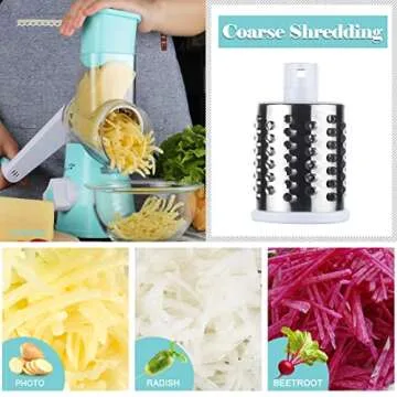 Ourokhome Rotary Cheese Grater Hand Crank, Kitchen Shredder Speed Mandolin Slicer Nut Grinder with Handle and Drum Blades for Cheese, Vegetable, Walnut, Chocolate, Potato, Carrot, 3 Blades, Blue