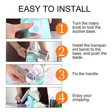 Ourokhome Rotary Cheese Grater Hand Crank, Kitchen Shredder Speed Mandolin Slicer Nut Grinder with Handle and Drum Blades for Cheese, Vegetable, Walnut, Chocolate, Potato, Carrot, 3 Blades, Blue