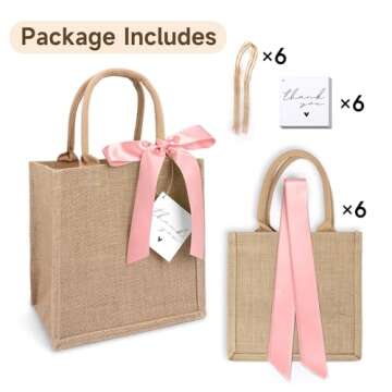 6 Pack Burlap Tote Bags with Handles Reusable Small Jute Gift Bags with Pink Silk Ribbons Waterproof...