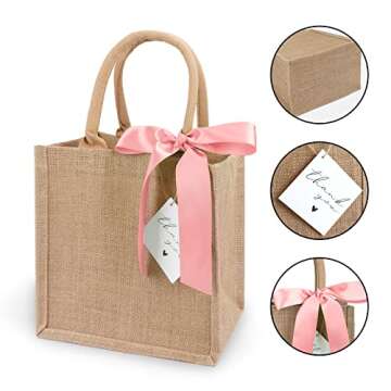 6 Pack Burlap Tote Bags with Handles Reusable Small Jute Gift Bags with Pink Silk Ribbons Waterproof Lining for Wedding Bridesmaid Mother's Day Bachelorette Beach Party