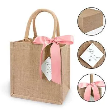 6 Pack Burlap Tote Bags with Handles Reusable Small Jute Gift Bags with Pink Silk Ribbons Waterproof Lining for Wedding Bridesmaid Mother's Day Bachelorette Beach Party
