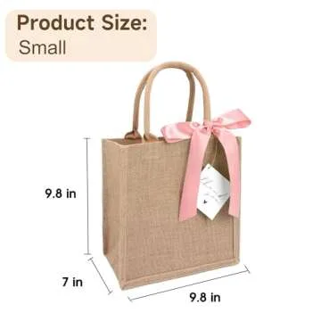6 Pack Burlap Tote Bags with Handles Reusable Small Jute Gift Bags with Pink Silk Ribbons Waterproof Lining for Wedding Bridesmaid Mother's Day Bachelorette Beach Party