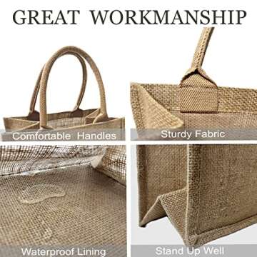 6 Pack Burlap Tote Bags with Handles Reusable Small Jute Gift Bags with Pink Silk Ribbons Waterproof Lining for Wedding Bridesmaid Mother's Day Bachelorette Beach Party