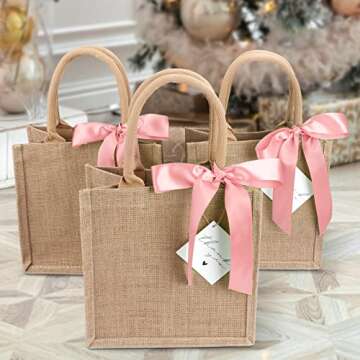 6 Pack Burlap Tote Bags with Handles Reusable Small Jute Gift Bags with Pink Silk Ribbons Waterproof Lining for Wedding Bridesmaid Mother's Day Bachelorette Beach Party