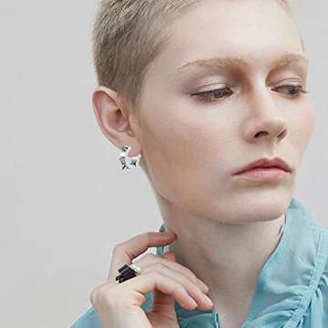 YUNXI Punk Black Stainless Steel Goth Rivet Awl Spike Huggies Piercing Hoop Earrings Rock Geometric Stainless Steel for Women and Men (Silver)