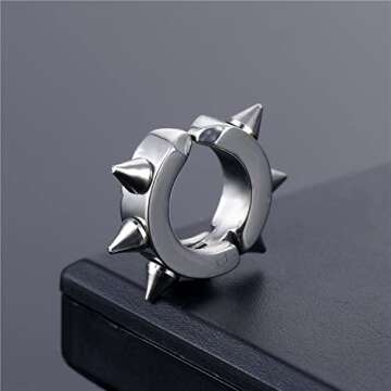 YUNXI Punk Black Stainless Steel Goth Rivet Awl Spike Huggies Piercing Hoop Earrings Rock Geometric Stainless Steel for Women and Men (Silver)