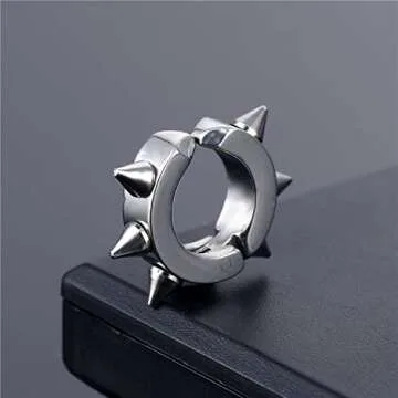 YUNXI Punk Black Stainless Steel Goth Rivet Awl Spike Huggies Piercing Hoop Earrings Rock Geometric Stainless Steel for Women and Men (Silver)