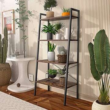 Homieasy Ladder Shelf, Industrial 4-Tier Bookshelf, Storage Rack Display Shelf for Living Room, Office, Rustic Brown