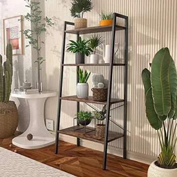 Homieasy Ladder Shelf, Industrial 4-Tier Bookshelf, Storage Rack Display Shelf for Living Room, Office, Rustic Brown