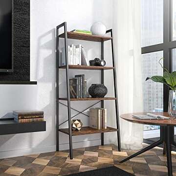 Homieasy Ladder Shelf, Industrial 4-Tier Bookshelf, Storage Rack Display Shelf for Living Room, Office, Rustic Brown