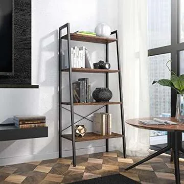 Homieasy Ladder Shelf, Industrial 4-Tier Bookshelf, Storage Rack Display Shelf for Living Room, Office, Rustic Brown