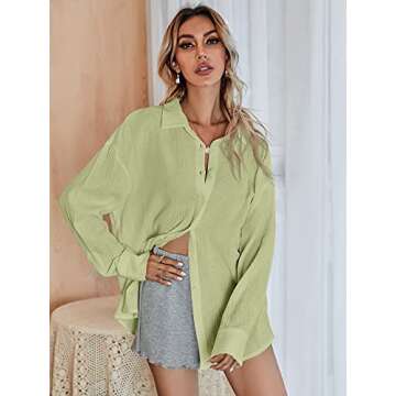 MakeMeChic Women's Oversized Button Down Shirts Collared Button Up Shirt Blouse Top Green S