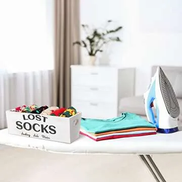 Blulu Lost Socks Basket Sign Farmhouse Laundry Room Decor and Accessories Lost Socks Bin Hanging Wall Storage Organization for Laundry Room Storage(White)