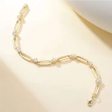 shinelab Golden-Plated Paperclip Bracelet for Women Couple Bracelets with CZ Chain Strand Jewelry Gift for Men_8.2inches