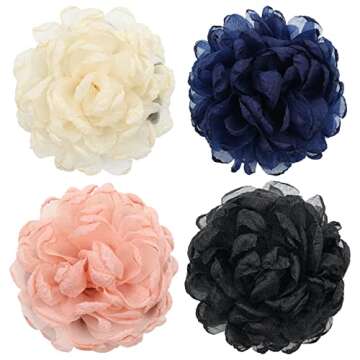 Cinaci 4 Pack Large Tulle Gauze Ruffle Rose Flower Hair Claw Clips - Exquisite and Elegant Hair Acce...
