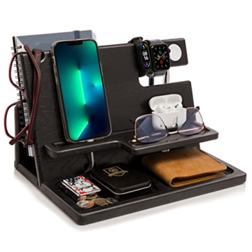 TESLYAR Wood Phone Docking Station - Stylish 3 In 1 Organizer for Men and Gifting