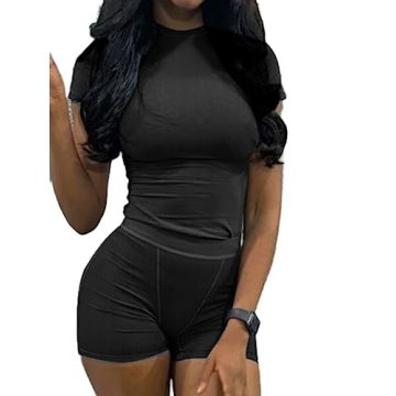AYWA Two Piece Outfits for Women Fitted Crew Neck T-shirt High Waist Leggings Biker Shorts Matching ...