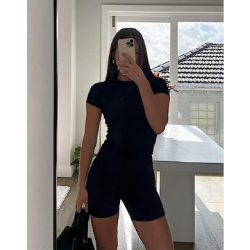 AYWA Two Piece Outfits for Women Fitted Crew Neck T-shirt High Waist Leggings Biker Shorts Matching Sets Streetwear (Black-shorts, Small)