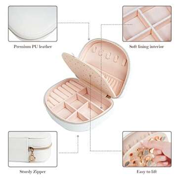 ProCase Travel Size Jewelry Box, Small Portable Seashell-Shaped Jewelry Case, 2 Layer Mini Jewelry Organizer in PU Leather for Women -White