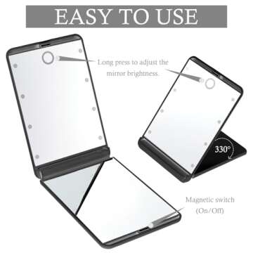 Feruaro Travel Mirror, Portable LED Lighted Makeup Mirror with 8 Dimmable Led Lights, Touch Switch Travel Makeup Mirror with Light, Folding Compact Mirror 1X & 2X Magnification Large Compact Mirror