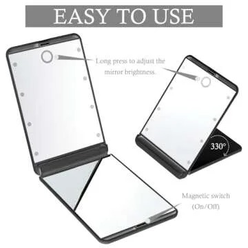 Feruaro Travel Mirror, Portable LED Lighted Makeup Mirror with 8 Dimmable Led Lights, Touch Switch Travel Makeup Mirror with Light, Folding Compact Mirror 1X & 2X Magnification Large Compact Mirror