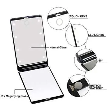 Feruaro Travel Mirror, Portable LED Lighted Makeup Mirror with 8 Dimmable Led Lights, Touch Switch Travel Makeup Mirror with Light, Folding Compact Mirror 1X & 2X Magnification Large Compact Mirror
