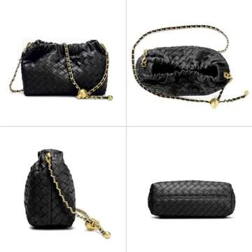 Woven Leather Small Crossbody Bag For Women Trendy. Dumpling Bag Ruched Clutch Purse For Women Black Evening Bag. Hobo Bag Cloud Purse Shoudler Bag