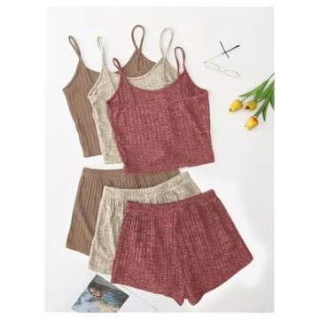 GORGLITTER Women's 3 Sets Ribbed Pajamas Set Sleeveless Crop Top and Tie Front Shorts Lounge Set Sle...