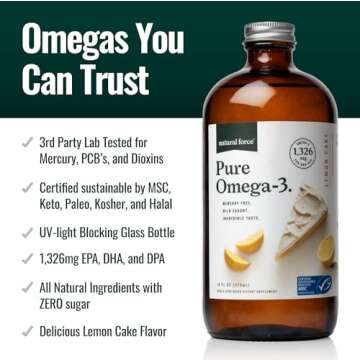 Natural Force Pure Omega 3 Liquid Fish Oil - Tasty Lemon Flavor, 16 Oz Glass Bottle