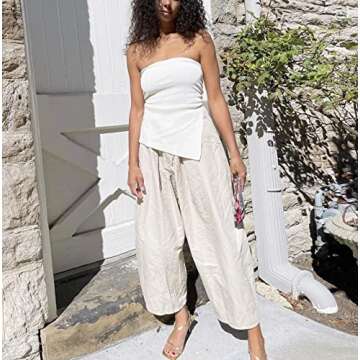 PICPUNMAK Women Strapless Sleeveless Tube Top Irregular Side Slit Bandeau Tops Sexy Solid Slim Off Shoulder Tank Vest Bustier White