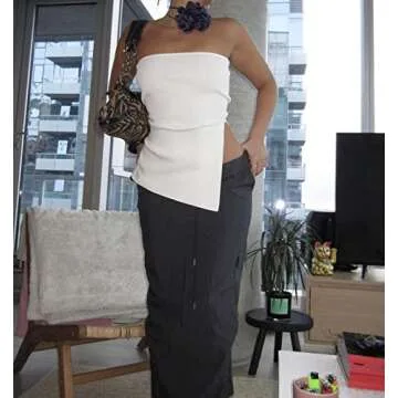 PICPUNMAK Women Strapless Sleeveless Tube Top Irregular Side Slit Bandeau Tops Sexy Solid Slim Off Shoulder Tank Vest Bustier White