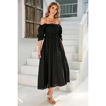 R.Vivimos Women Summer Half Sleeve Cotton Ruffled Vintage Elegant Backless A Line Flowy Long Dresses (Small, Black#2)