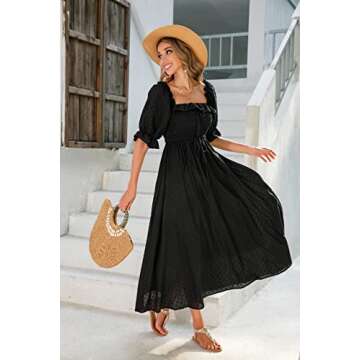 R.Vivimos Women Summer Half Sleeve Cotton Ruffled Vintage Elegant Backless A Line Flowy Long Dresses (Small, Black#2)