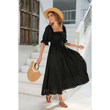 R.Vivimos Women Summer Half Sleeve Cotton Ruffled Vintage Elegant Backless A Line Flowy Long Dresses (Small, Black#2)