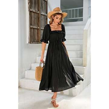 R.Vivimos Women Summer Half Sleeve Cotton Ruffled Vintage Elegant Backless A Line Flowy Long Dresses (Small, Black#2)